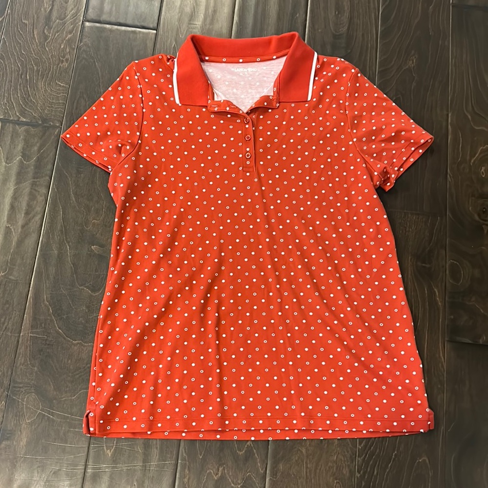 Lands End Red Polo with White Polka Dots